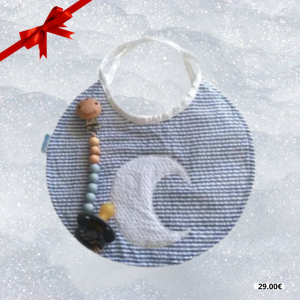 Babete impermeável azul às riscas e aplicação de lua branca prendedor "Mushie"