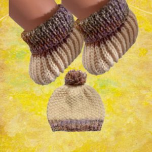 Conjunto botas em lã para bebé e gorro.