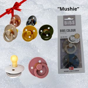 Pack com embalagem de duas chupetas marca "Mushie"